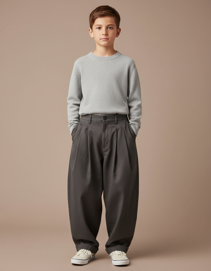 Pantalon Chino Gris Foncé Ample Plissé Coton Enfant