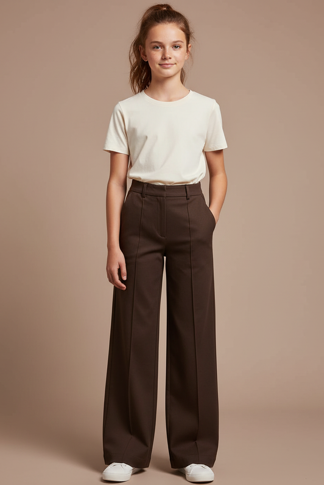 Pantalon Chino Marron Droit Ample Taille Haute Femme - Gabardine