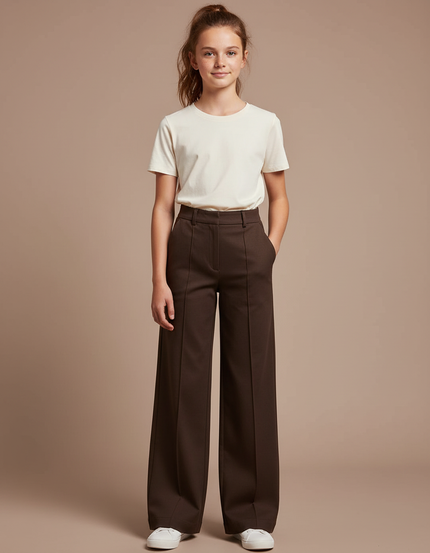 Pantalon Chino Marron Droit Ample Taille Haute Femme - Gabardine