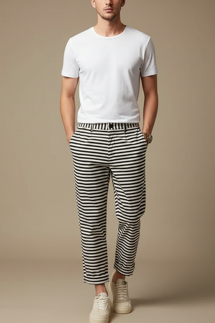 Pantalon Chino Rayé Noir Blanc Ample Décontracté Homme - Imprimé Coton