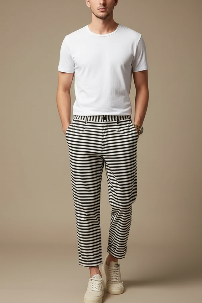Pantalon Chino Rayé Noir Blanc Ample Décontracté Homme - Imprimé Coton