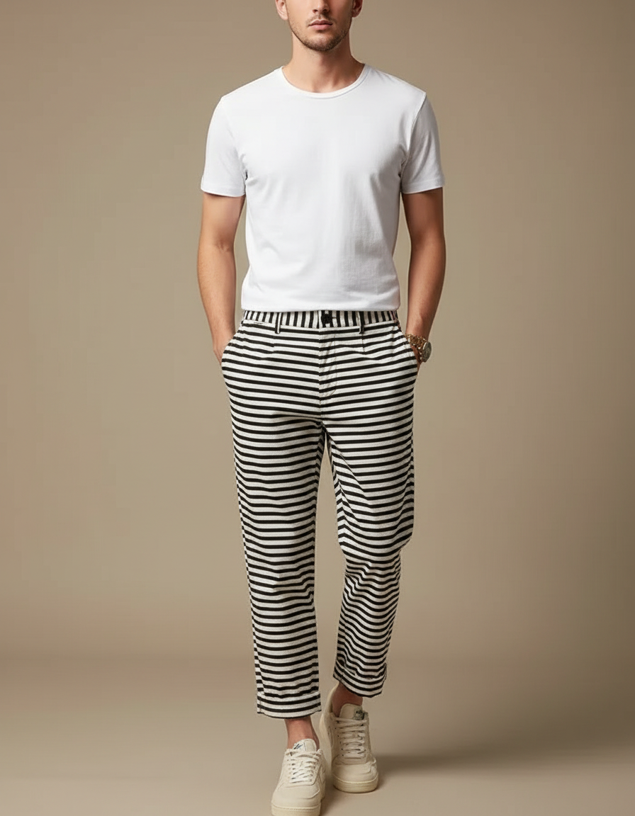Pantalon Chino Rayé Noir Blanc Ample Décontracté Homme - Imprimé Coton