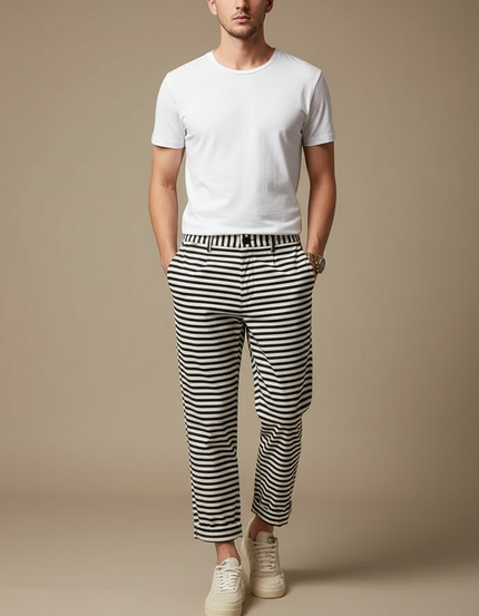 Pantalon Chino Rayé Noir Blanc Ample Décontracté Homme - Imprimé Coton