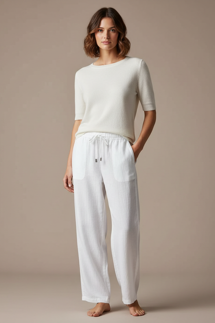 Pantalon Chino Blanc Lin Fluide Léger Cordon Femme