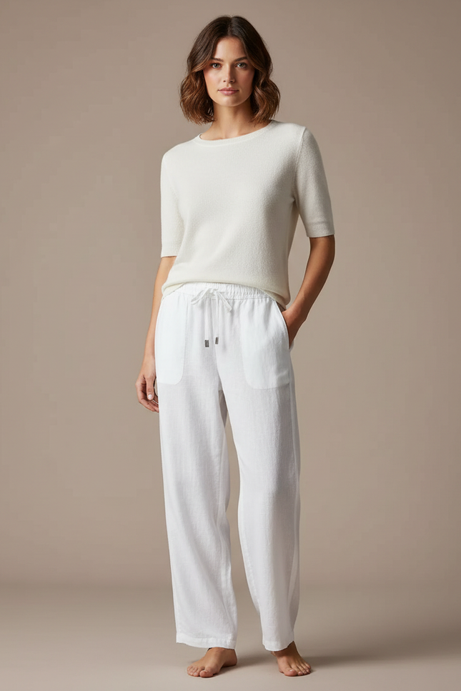 Pantalon Chino Blanc Lin Fluide Léger Cordon Femme