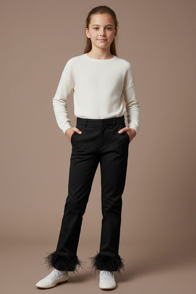 Pantalon Chino Noir Plumes Élégant Fille - Gabardine