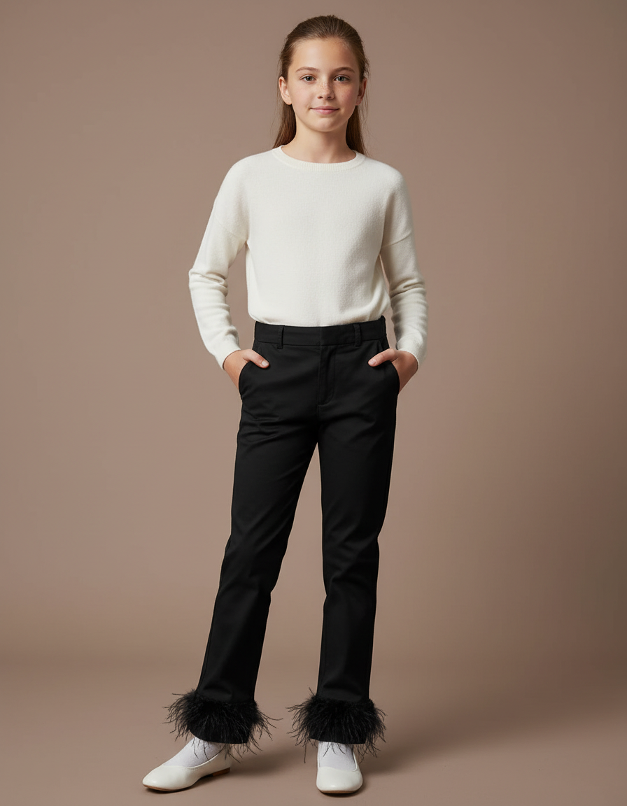 Pantalon Chino Noir Plumes Élégant Fille - Gabardine