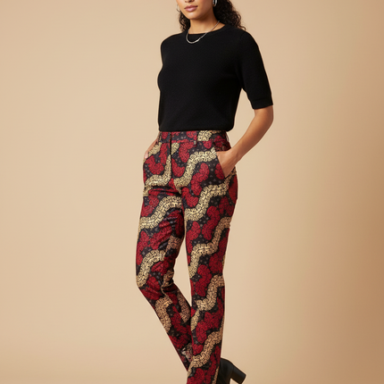Pantalon Chino Motif Ethnique Rouge Noir Doré Slim - Imprimé Coton