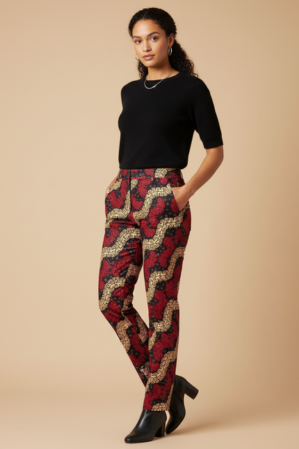 Pantalon Chino Motif Ethnique Rouge Noir Doré Slim - Imprimé Coton