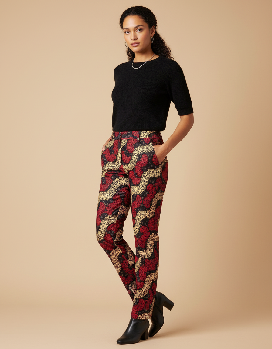 Pantalon Chino Motif Ethnique Rouge Noir Doré Slim - Imprimé Coton