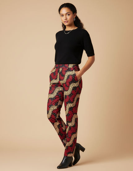 Pantalon Chino Motif Ethnique Rouge Noir Doré Slim - Imprimé Coton