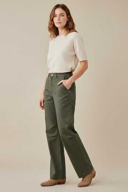 Pantalon Chino Vert Olive Ample Décontracté Femme - Kaki Gabardine