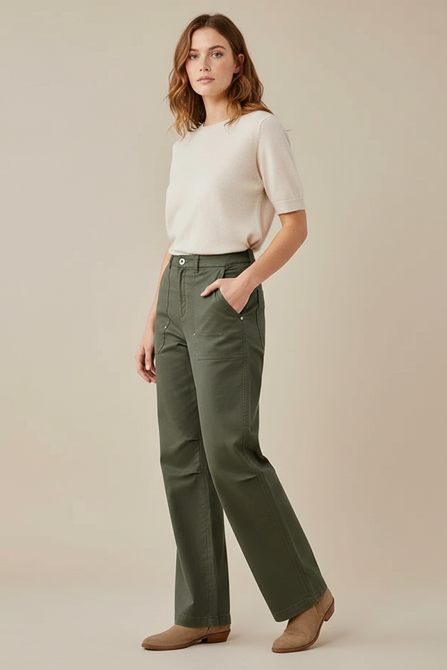 Pantalon Chino Vert Olive Ample Décontracté Femme - Kaki Gabardine