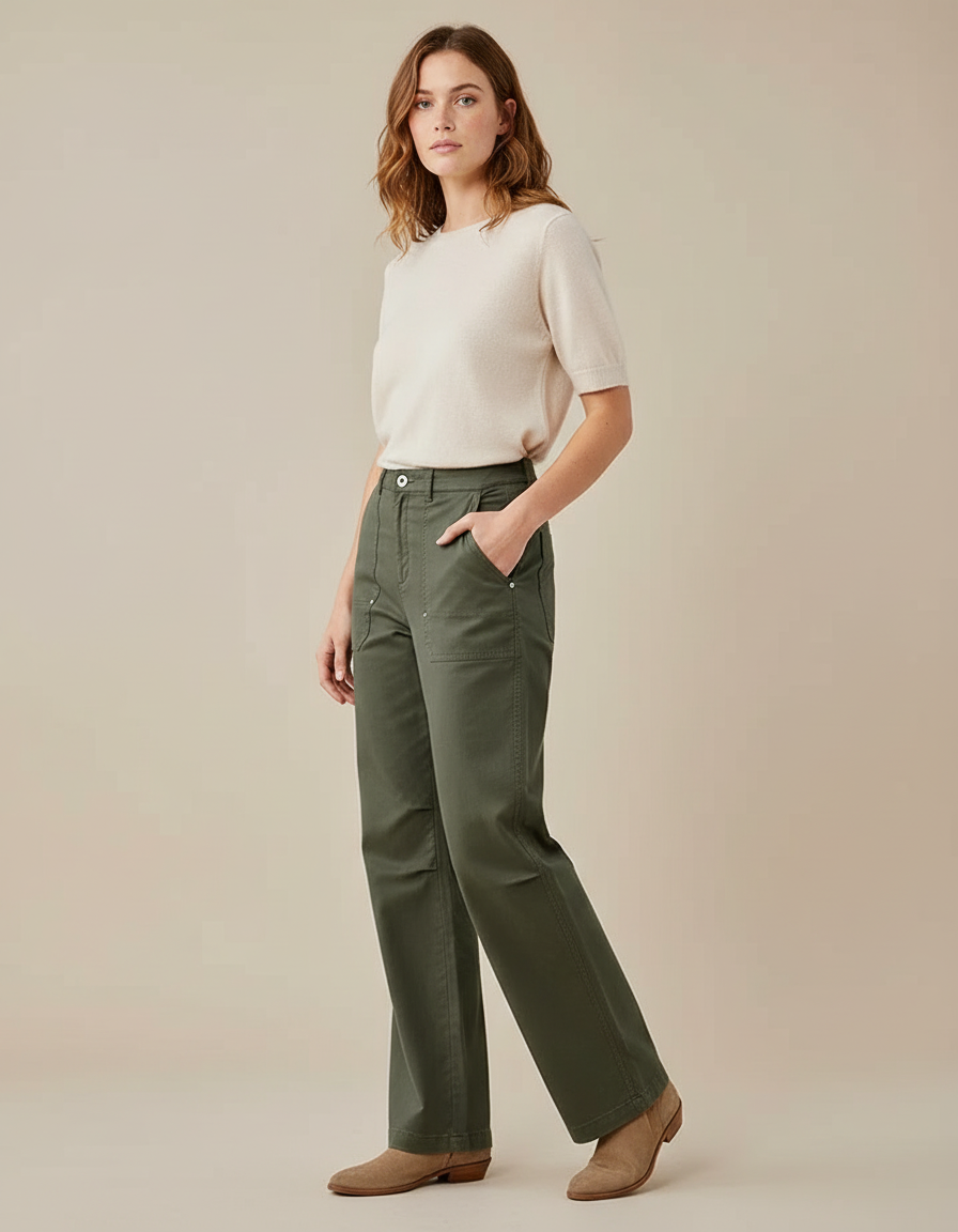Pantalon Chino Vert Olive Ample Décontracté Femme - Kaki Gabardine