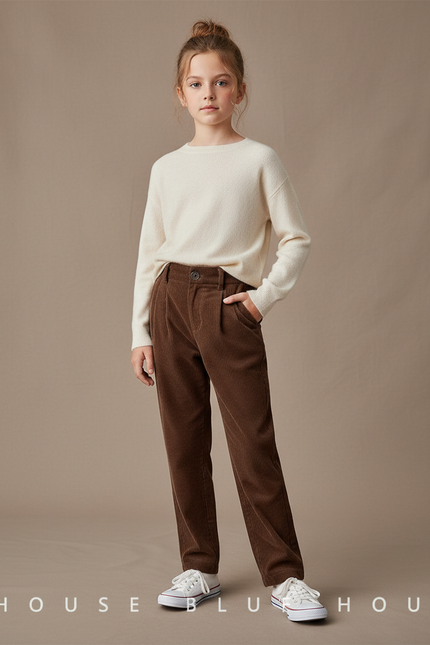 Pantalon Chino Côtelé Marron Taille Haute Droite - Cordé