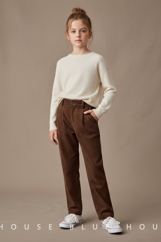 Pantalon Chino Côtelé Marron Taille Haute Droite - Cordé