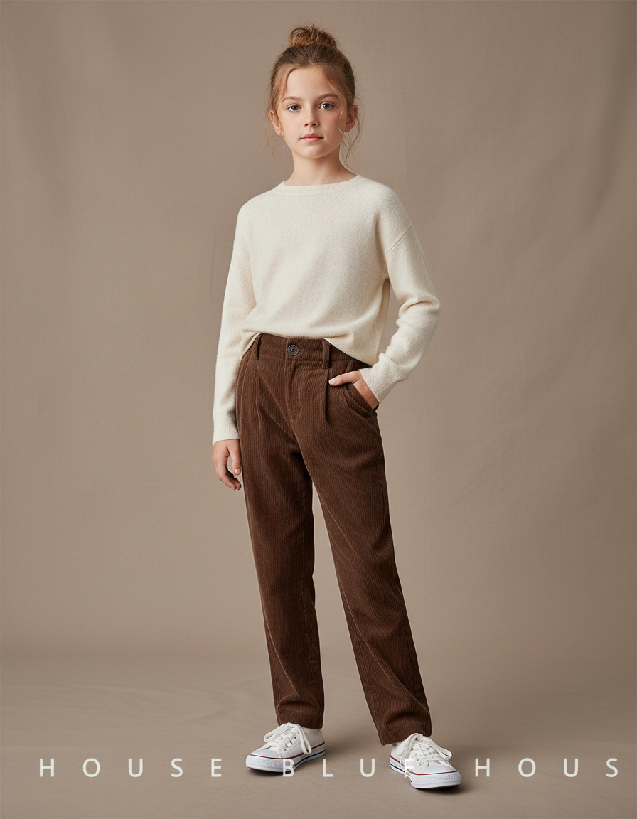 Pantalon Chino Côtelé Marron Taille Haute Droite - Cordé