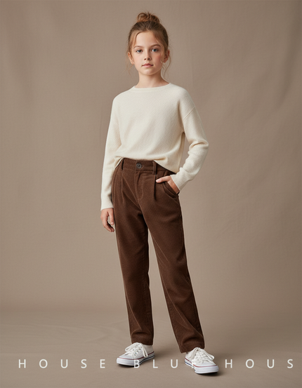 Pantalon Chino Côtelé Marron Taille Haute Droite - Cordé