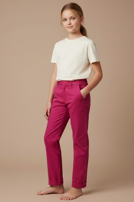 Pantalon Chino Fille Rose Fuchsia Coton Coupe Droite