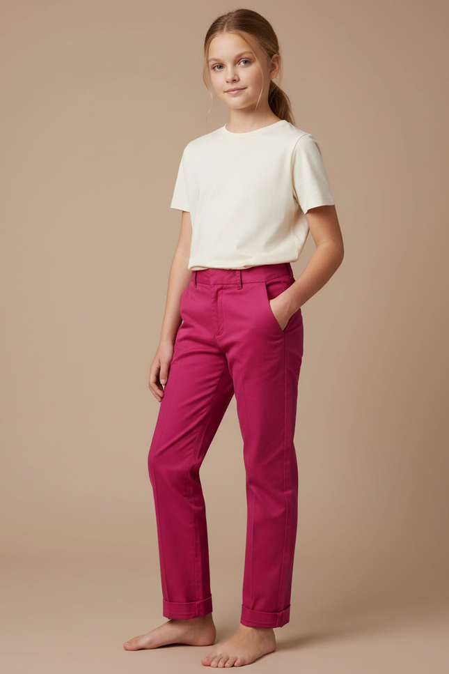 Pantalon Chino Fille Rose Fuchsia Coton Coupe Droite