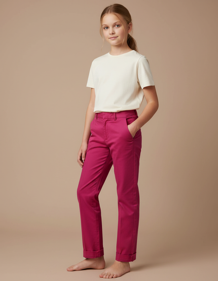 Pantalon Chino Fille Rose Fuchsia Coton Coupe Droite