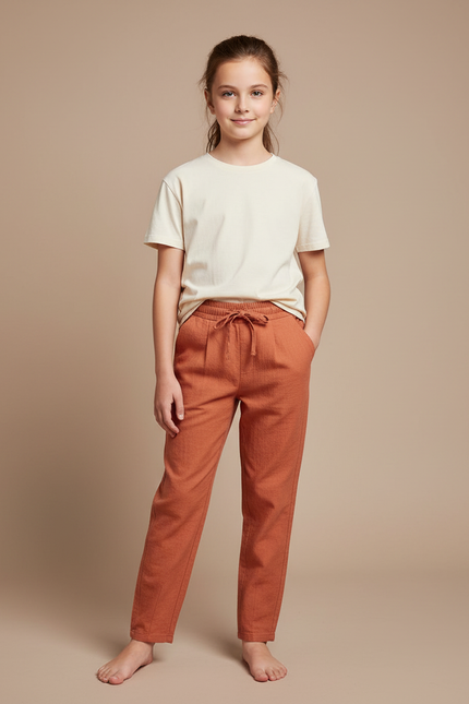 Pantalon Chino Rustique Droit Coton Lin Enfant - Orange