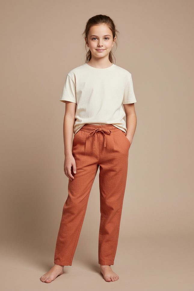 Pantalon Chino Rustique Droit Coton Lin Enfant - Orange