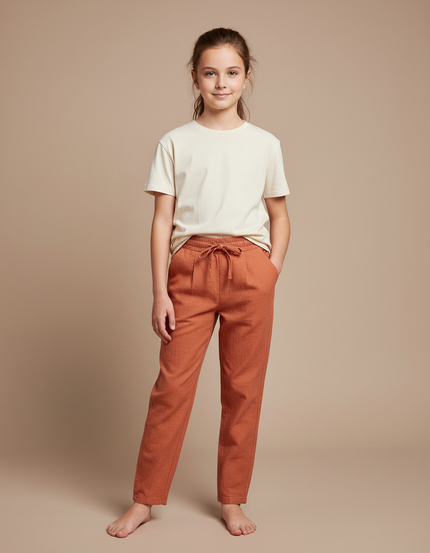Pantalon Chino Rustique Droit Coton Lin Enfant - Orange