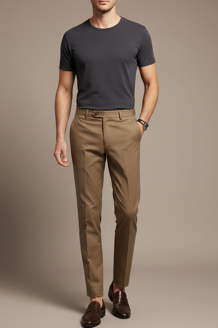 Pantalon Chino Marron Coupe Droite Élégant Homme - Gabardine