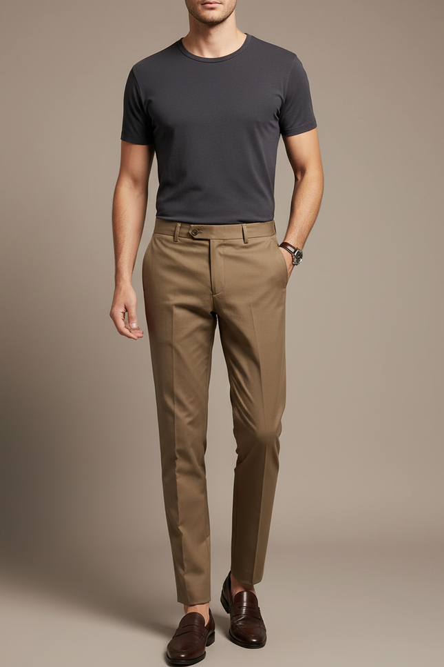 Pantalon Chino Marron Coupe Droite Élégant Homme - Gabardine