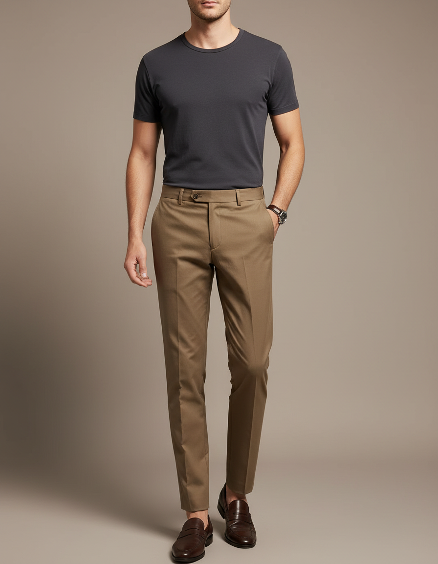 Pantalon Chino Marron Coupe Droite Élégant Homme - Gabardine