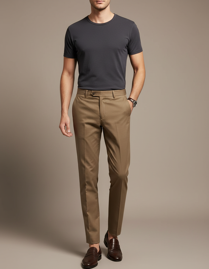 Pantalon Chino Marron Coupe Droite Élégant Homme - Gabardine