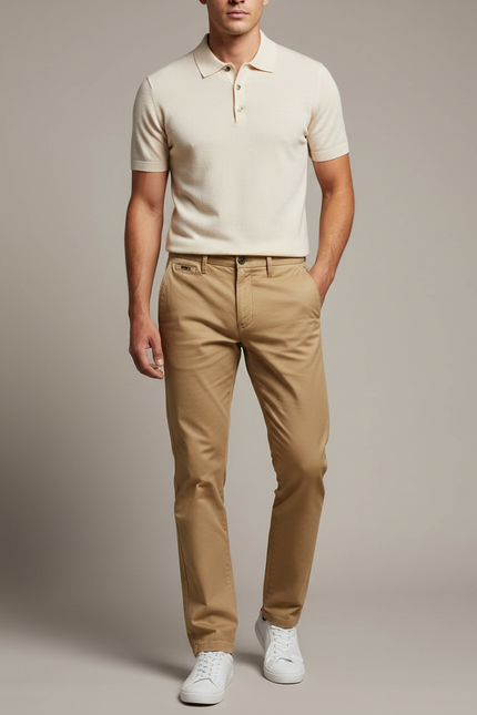 Pantalon Chino Homme Beige Coupe Droite Décontracté Coton