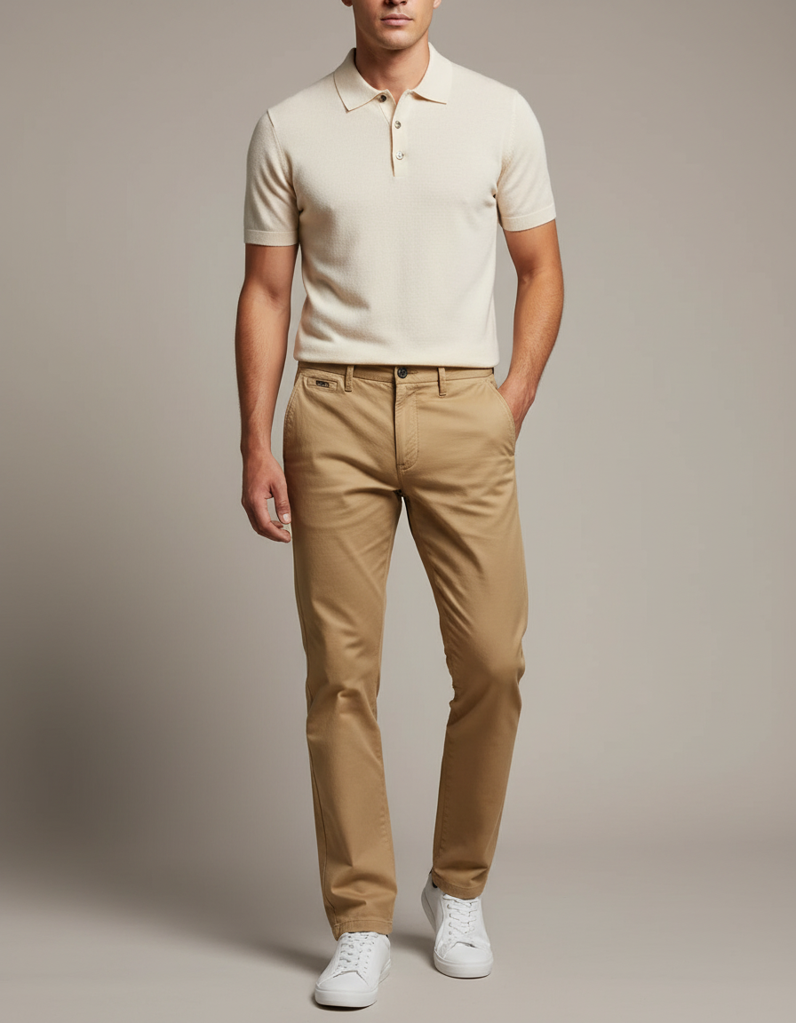 Pantalon Chino Homme Beige Coupe Droite Décontracté Coton