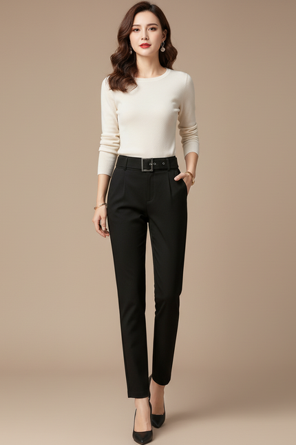 Pantalon Chino Noir Taille Haute Slim Élastique Élégant - Polyester