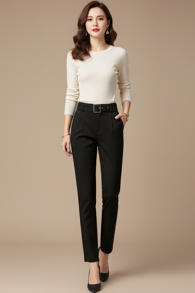 Pantalon Chino Noir Taille Haute Slim Élastique Élégant - Polyester