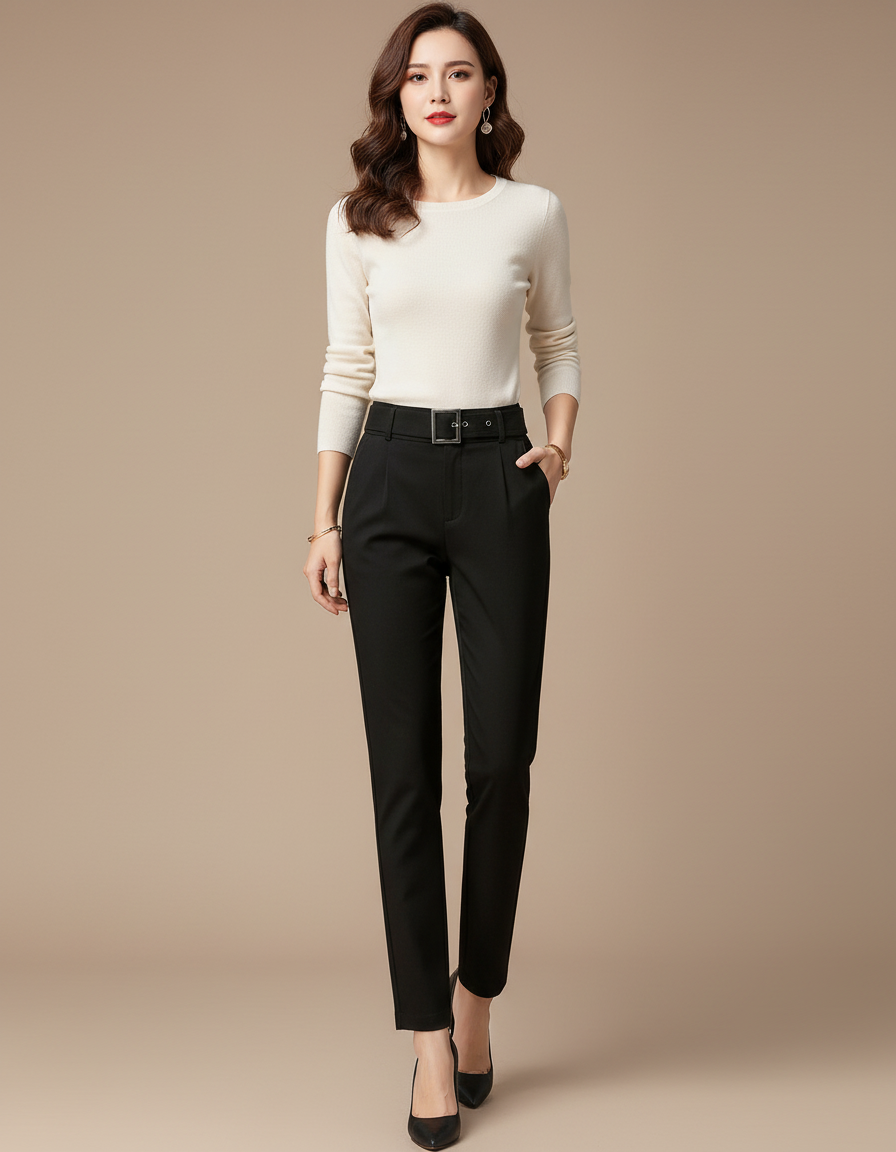 Pantalon Chino Noir Taille Haute Slim Élastique Élégant - Polyester