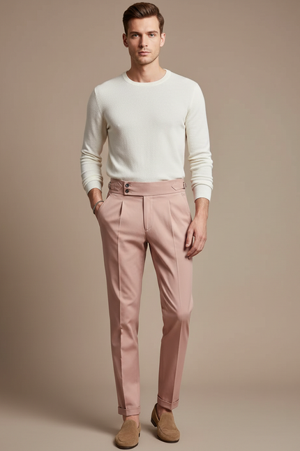 Pantalon Chino Rose Plissé Taille Haute Élégant Homme - Gabardine