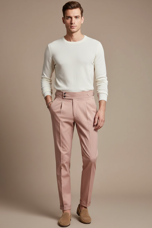 Pantalon Chino Rose Plissé Taille Haute Élégant Homme - Gabardine