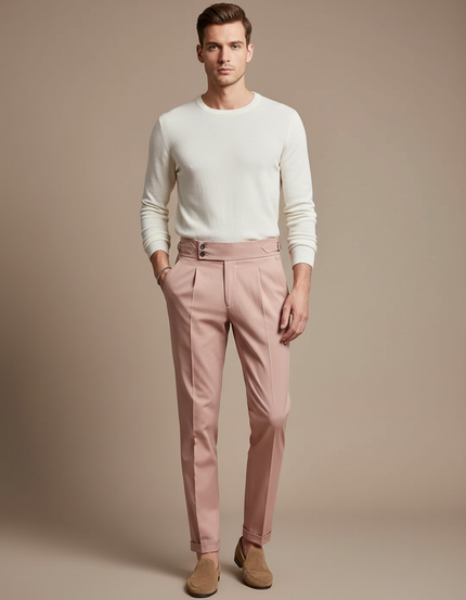 Pantalon Chino Rose Plissé Taille Haute Élégant Homme - Gabardine