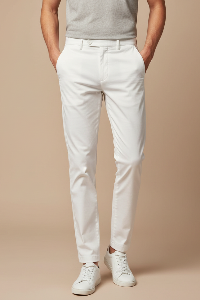 Pantalon Chino Blanc Homme Slim Coton Élégant Décontracté
