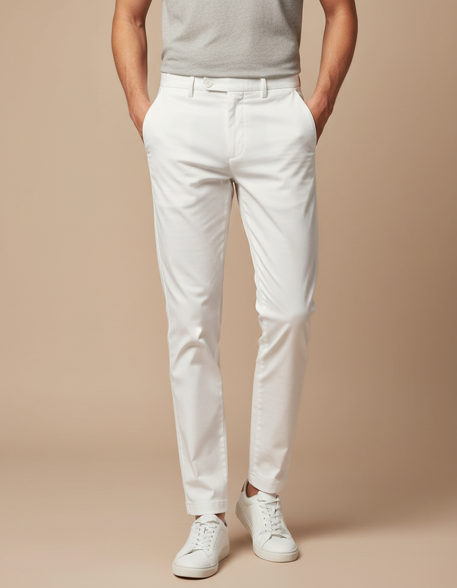 Pantalon Chino Blanc Homme Slim Coton Élégant Décontracté