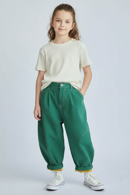 Pantalon Chino Vert Ample Coton Enfant Décontracté Plié