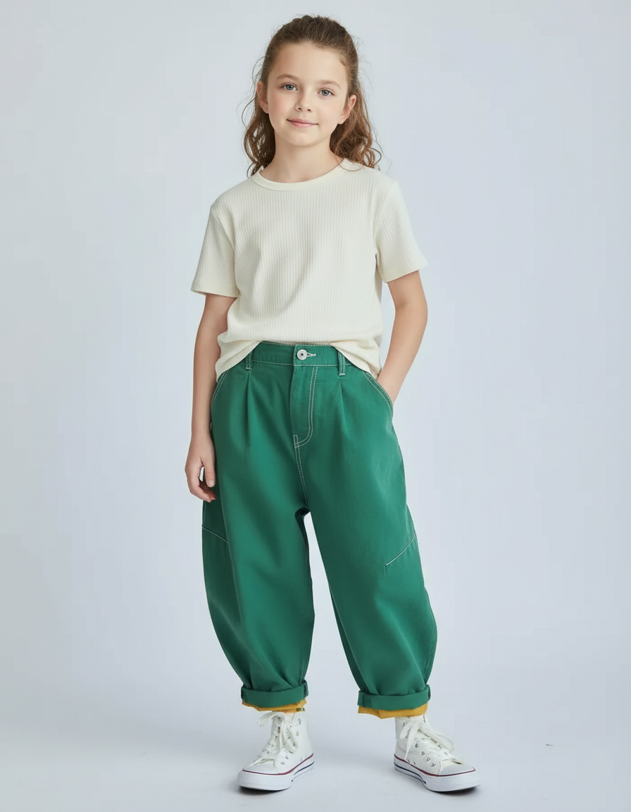 Pantalon Chino Vert Ample Coton Enfant Décontracté Plié