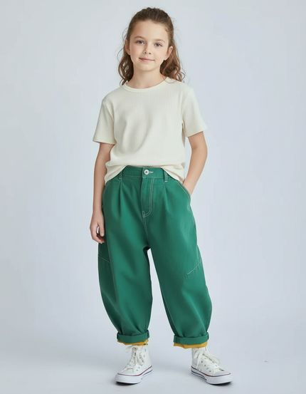 Pantalon Chino Vert Ample Coton Enfant Décontracté Plié
