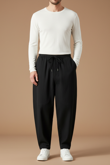 Pantalon Chino Noir Ample Coton Lin Décontracté Homme