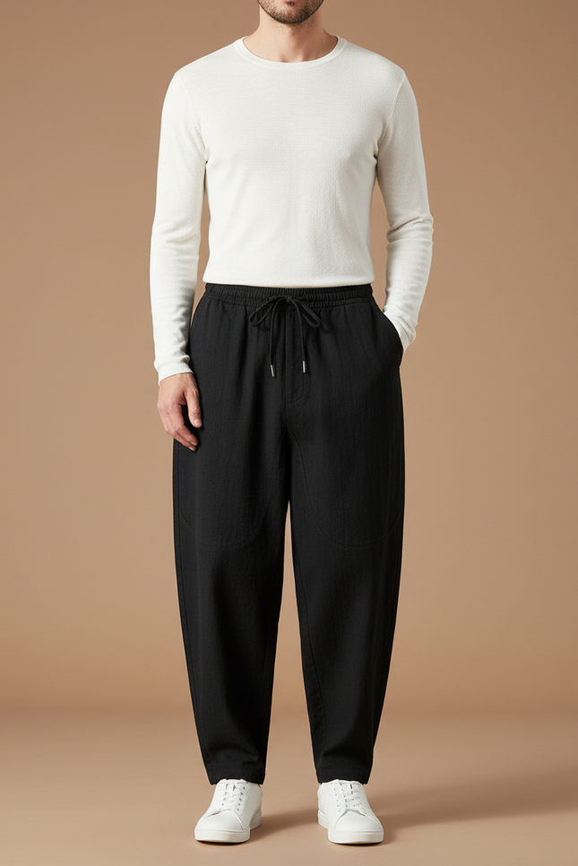 Pantalon Chino Noir Ample Coton Lin Décontracté Homme