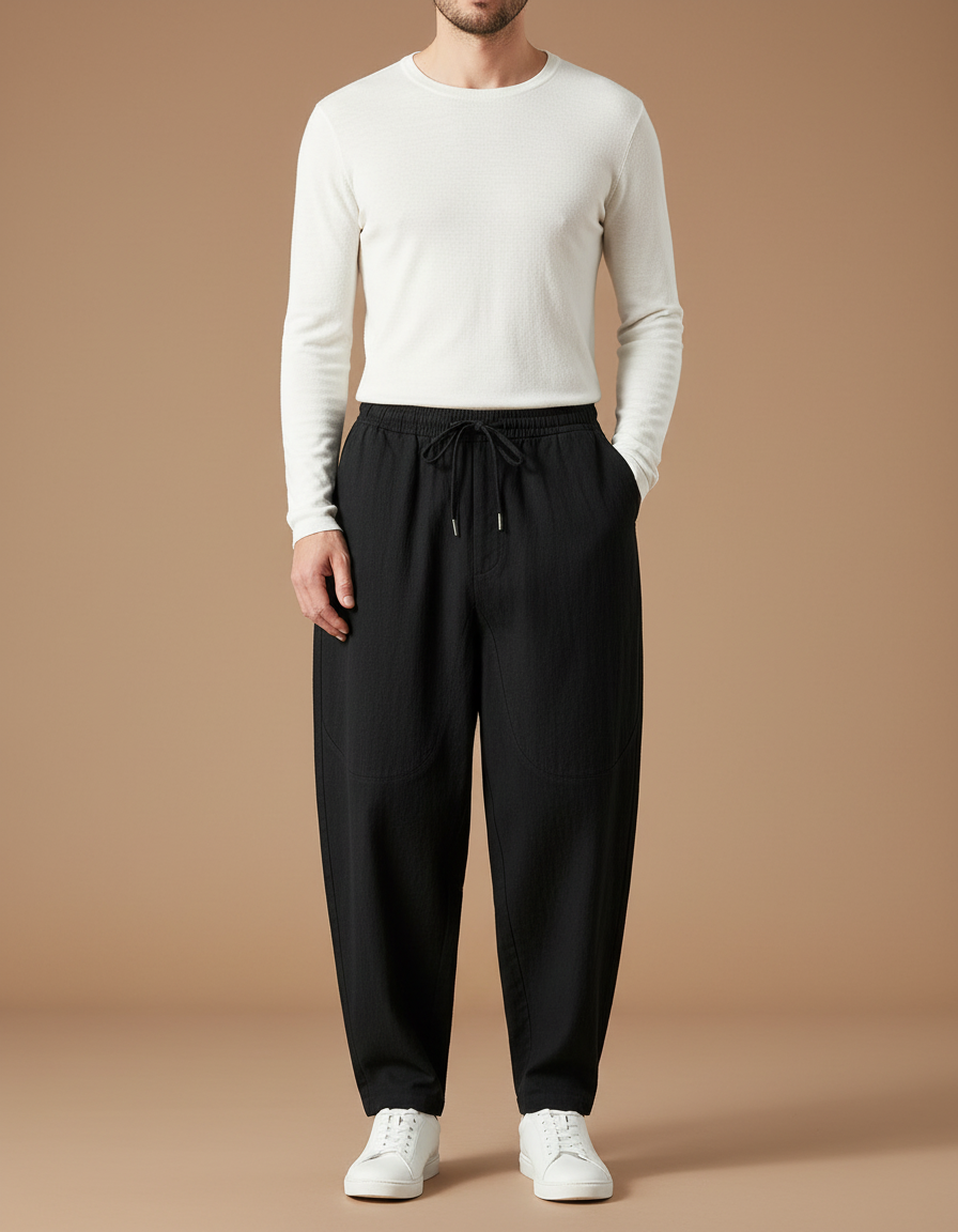 Pantalon Chino Noir Ample Coton Lin Décontracté Homme