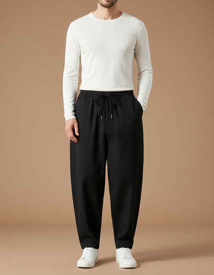 Pantalon Chino Noir Ample Coton Lin Décontracté Homme