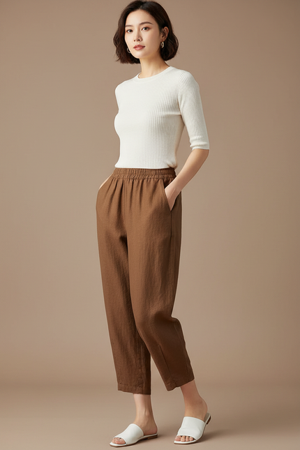 Pantalon Chino Marron Lin Ample Décontracté Fluide